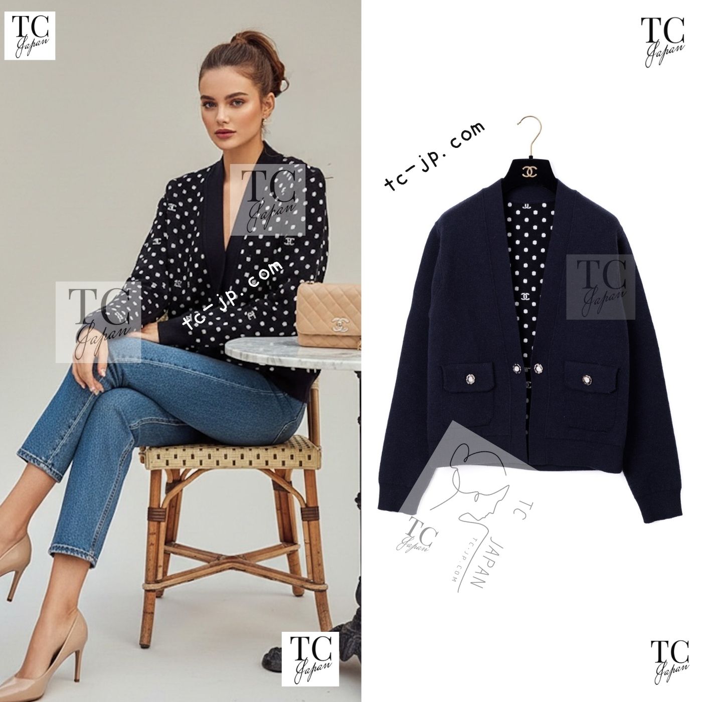 [中古] シャネル ジレー 上衣CHANEL ダークネイビー 黒いこと カシミール 裏も好いたらしい リヴァーシブル カメリア名取り草 超美品 36 38