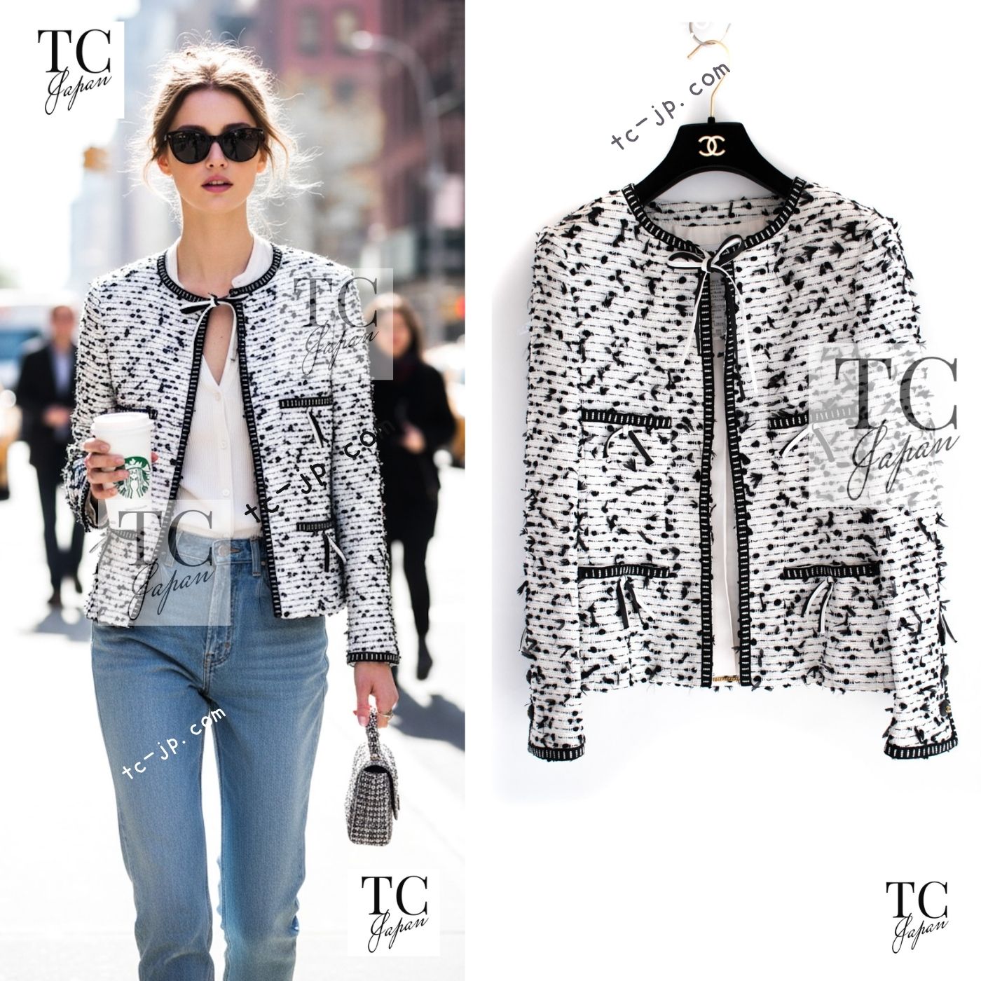[中古] シャネル 上衣 CHANEL ヴィンテージ 白いこと 黒いこと シュロの葉 ツィード ココボタン 長い巻き毛・ラガーフェルド 価値高い 超美品 34