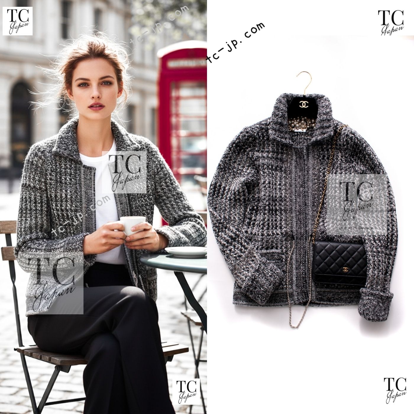 [中古] シャネル ジレー CHANEL 薄墨色 カシミール 地絹 羊毛 チェーン店 付属品 編み物 長い巻き毛・ラガーフェルド 超美品 38 40