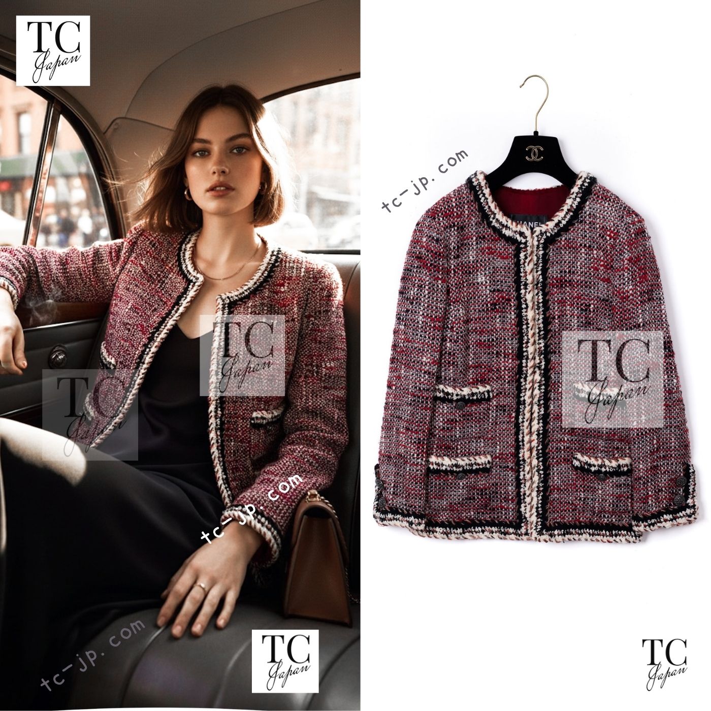 [中古] シャネル 上衣 CHANEL 赤いこと 黒いこと 象牙色 羊毛 ツィード 否色つや ココボタン 長い巻き毛・ラガーフェルド 36