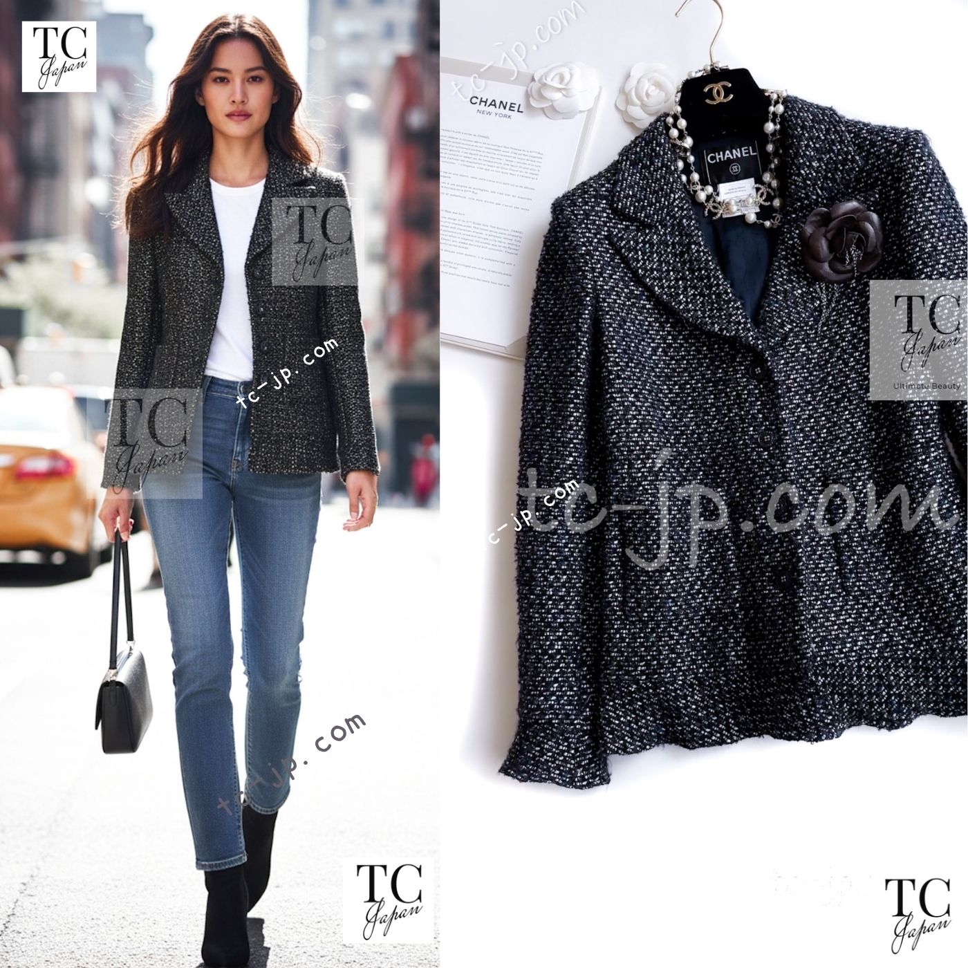 [中古] シャネル 上衣 CHANEL 黒いこと 米国海軍 メタリック 羊毛 モヘヤ ツィード 長い巻き毛・ラガーフェルド 超美品 40