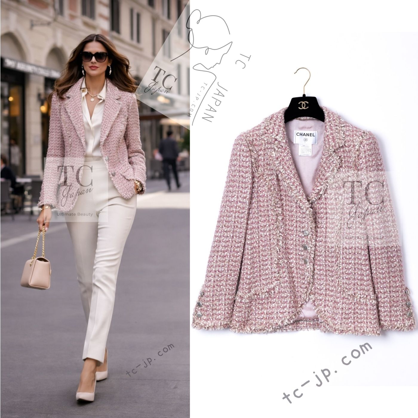 [中古] シャネル 上衣 CHANEL サクラ色 ベージュ ココCC 名取り草 ツィード もの言う花押し出し スパンコール 長い巻き毛・ラガーフェルド 42