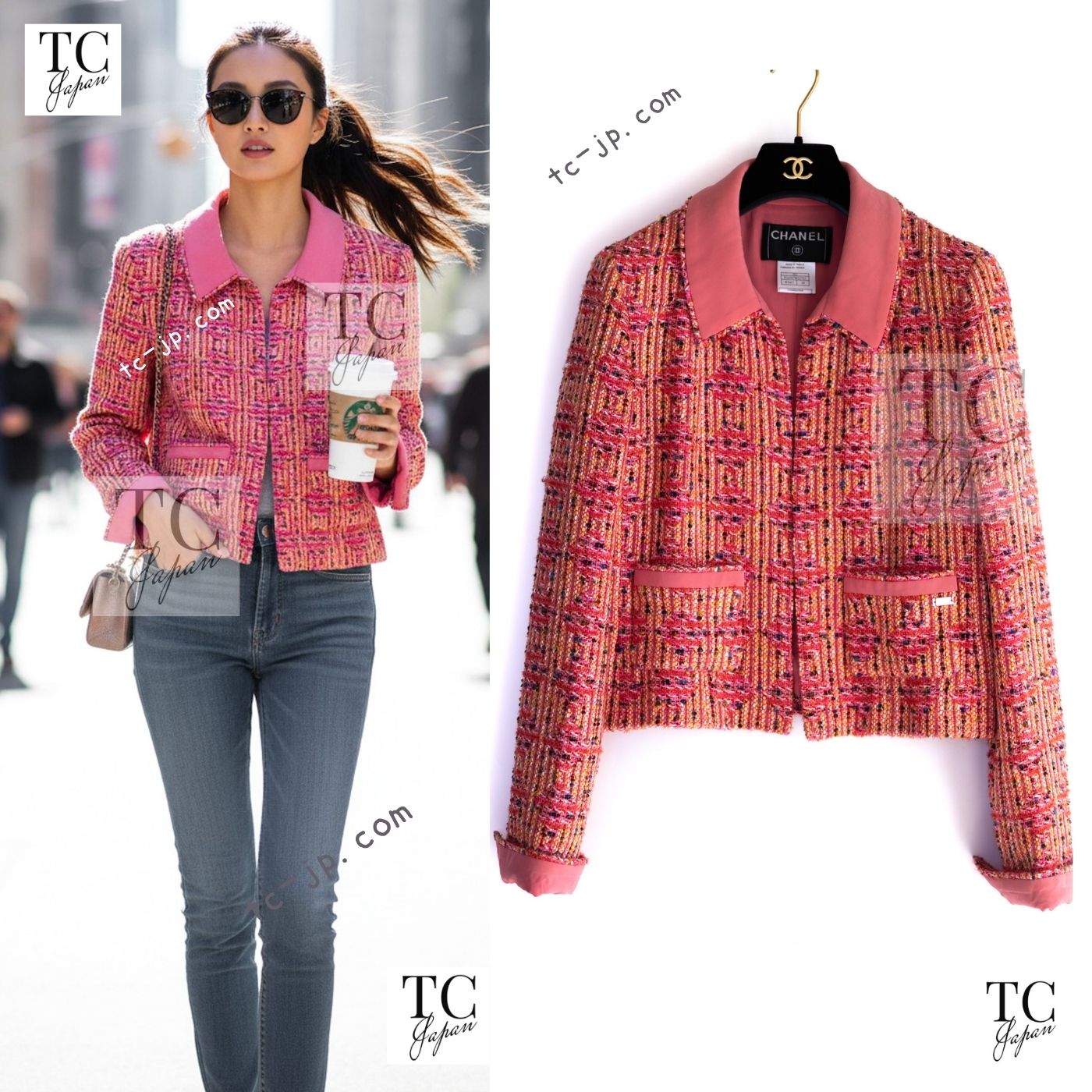 [中古] シャネル 上衣 CHANEL サクラ色 コーラル オレンジ色 黄色 ツィード 砂糖菓子 長い巻き毛・ラガーフェルド  超美品 38