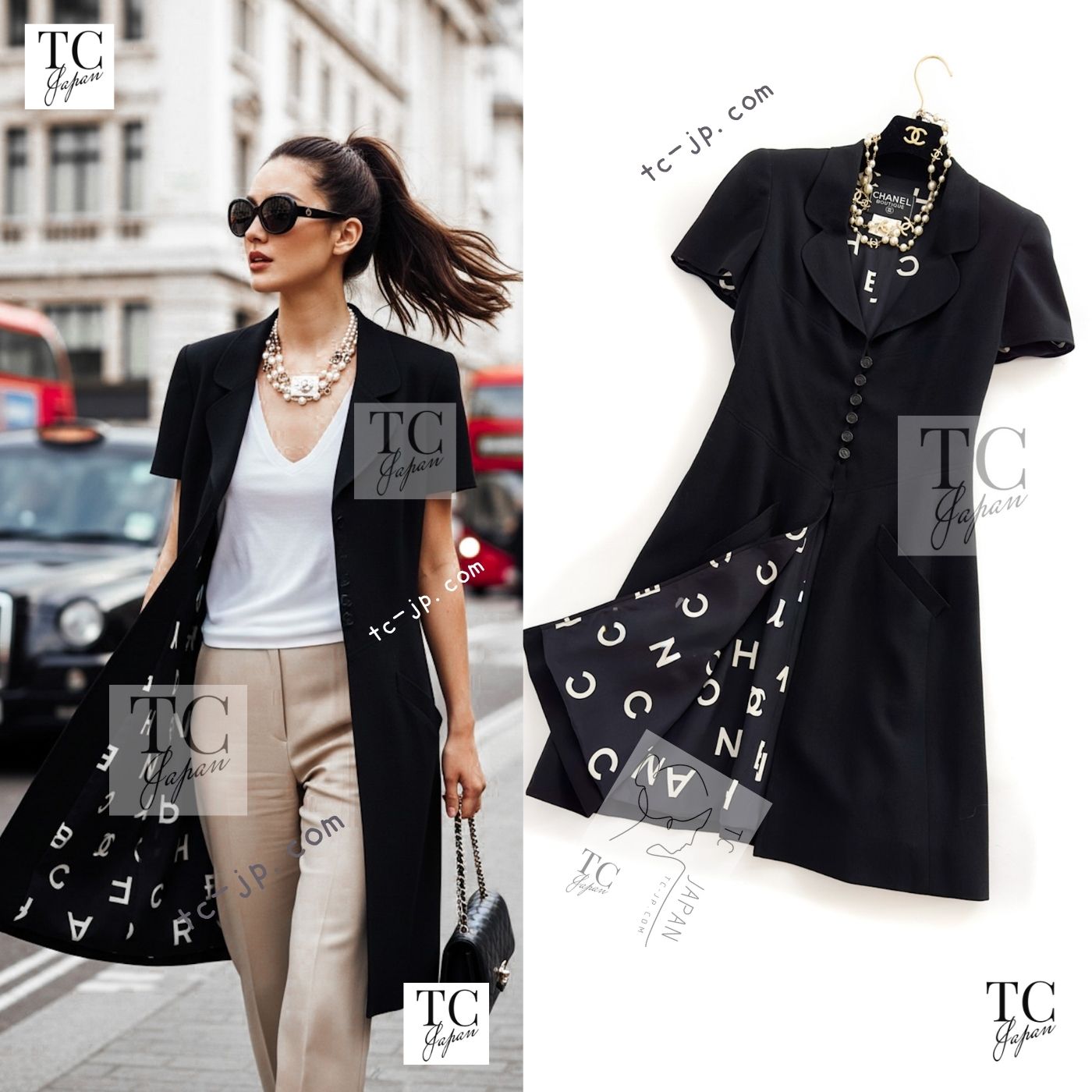 [中古] シャネル ヴィンテージ 厚地の外套 CHANEL 黒いこと 地絹 CCロゴタイプ 上衣 裏地 CCロゴタイプ柄 長い巻き毛・ラガーフェルド 価値高い 36