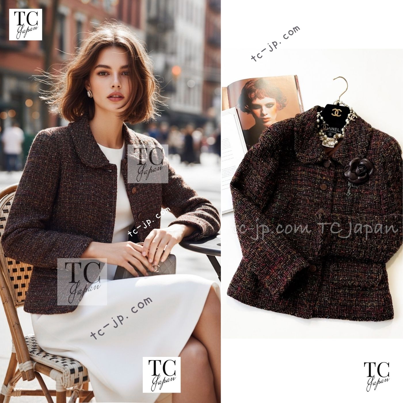 [中古] シャネル 上衣 ヴィンテージ CHANEL 赤銅色 マルチ色つや ツィード ココ 名取り草 長い巻き毛・ラガーフェルド 超美品 38