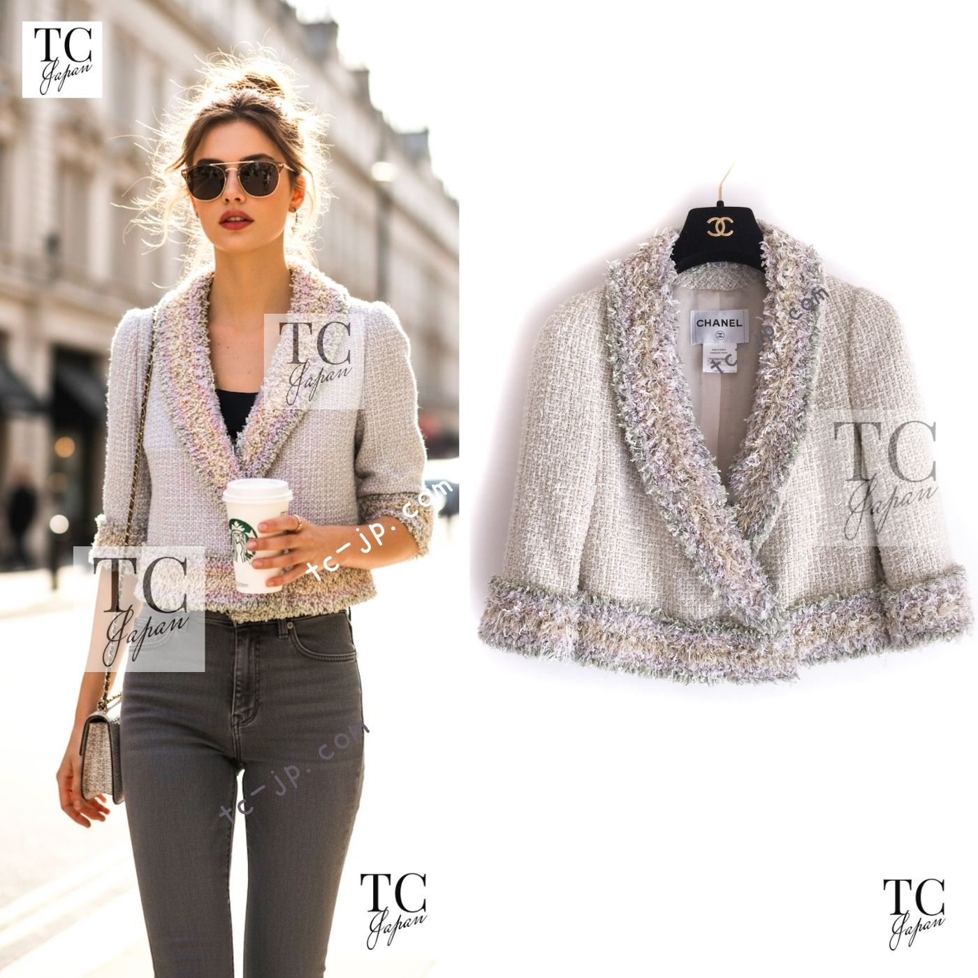[中古] シャネル 上衣 CHANEL ベルサイユ マルチ色つや フリンジ ツィード ココマーク 長い巻き毛・ラガーフェルド 超美品 36 38