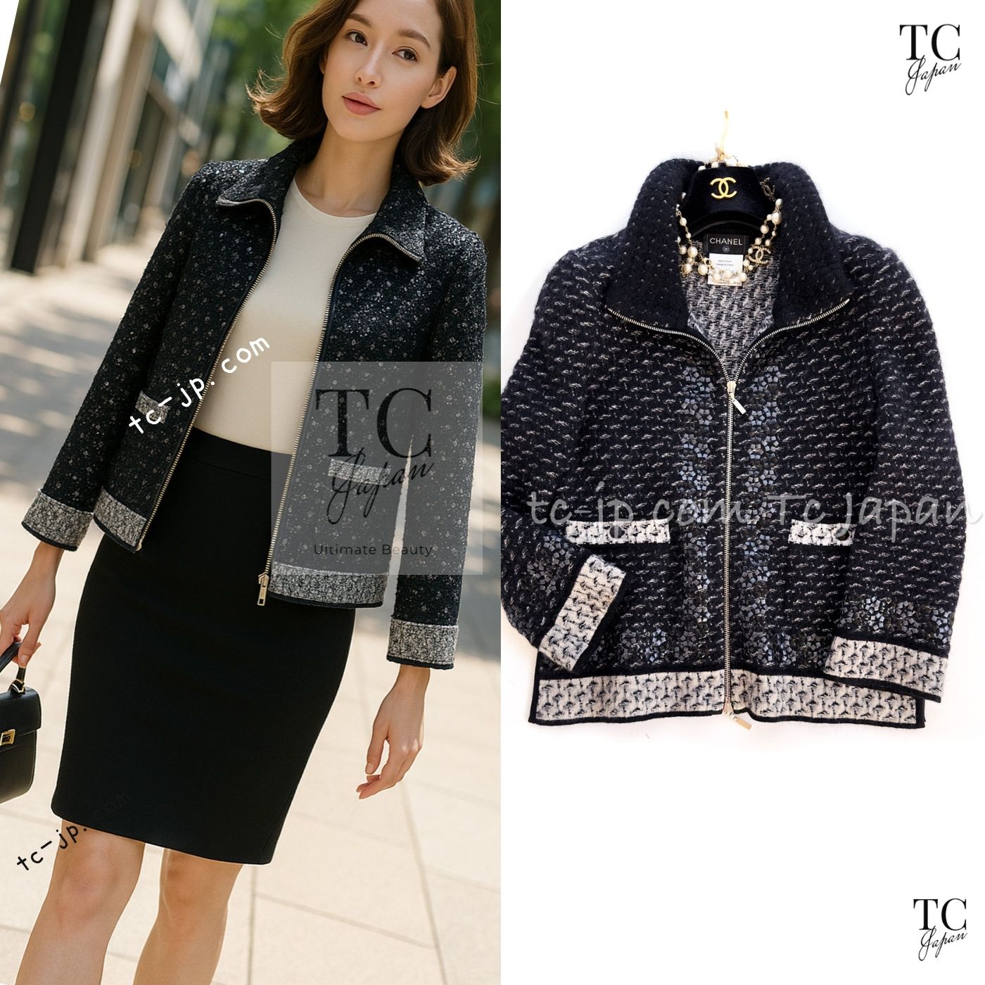 [中古] シャネル ジレー CHANEL うす暗い 米国海軍 ふんわりフワフワ モヘヤ 絹地 カシミヤ 素晴らしいスパンコールかざり付ける ファスナー 超美品 34