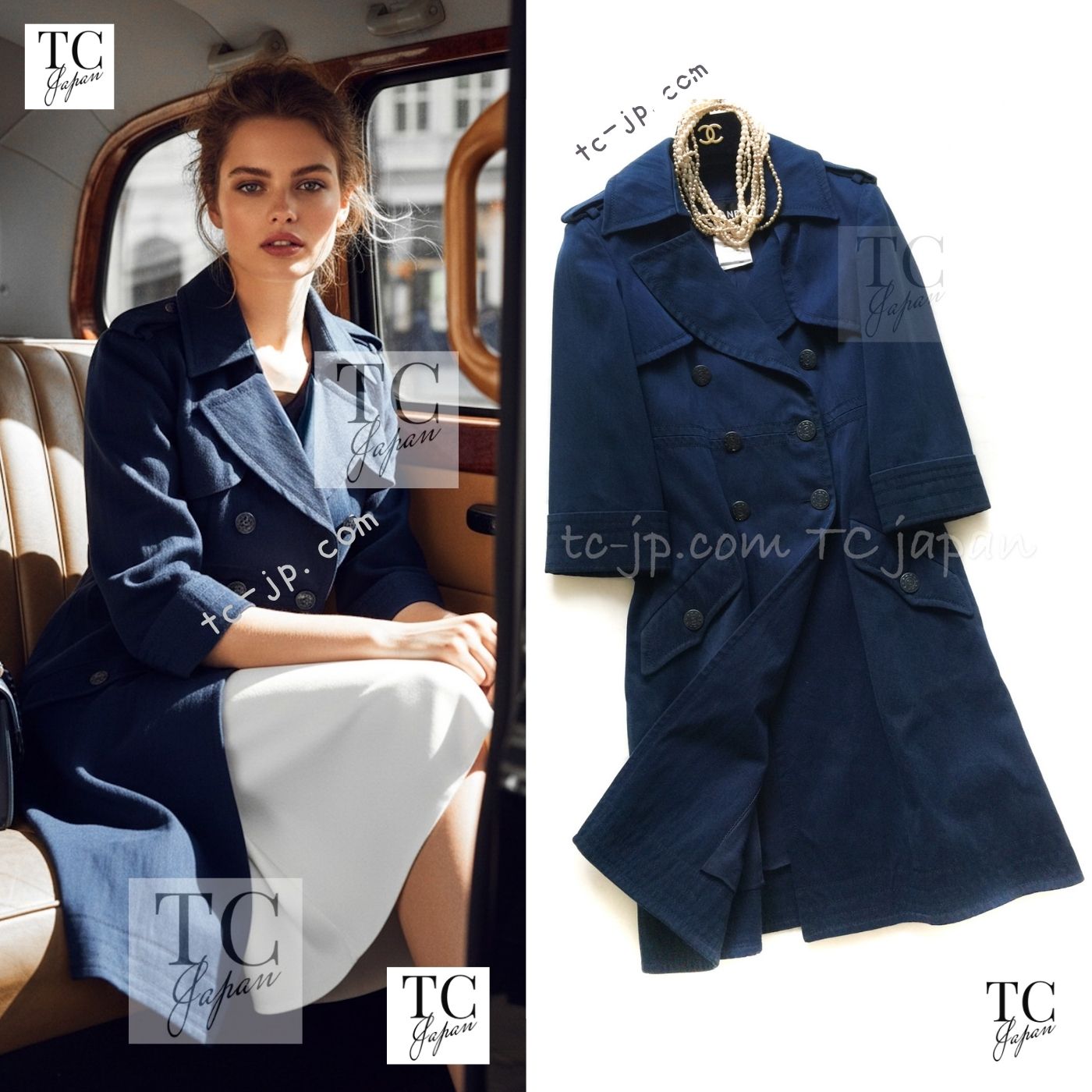 [中古] シャネル トレンチ 厚地の外套 CHANEL 何はさておき一般受け色つや 米国海軍 紺 綿織物 もの言う花押し出し!  ロング CCロゴタイプ ココボタン 70万 超美品 36 38