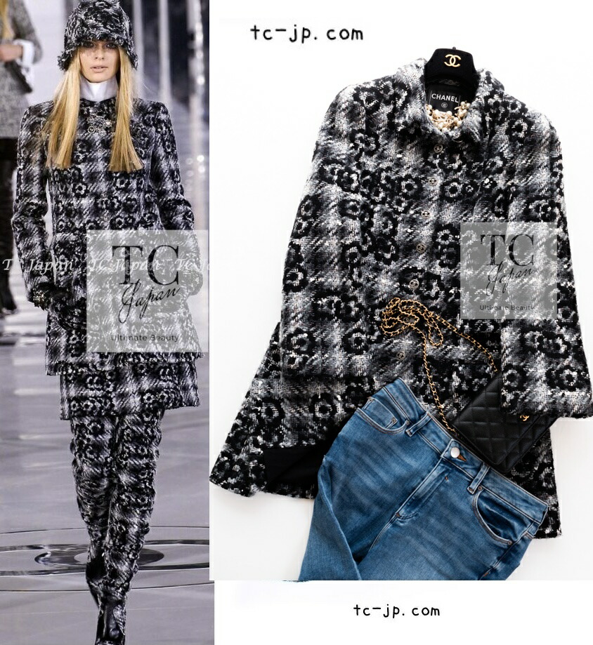 [中古] シャネル 厚地の外套 CHANEL 黒いこと 薄墨色 カメリア柄 CC 名取り草 羊毛 ツィード  幽客通い路御出座し 長い巻き毛・ラガーフェルド 超美品 36 38