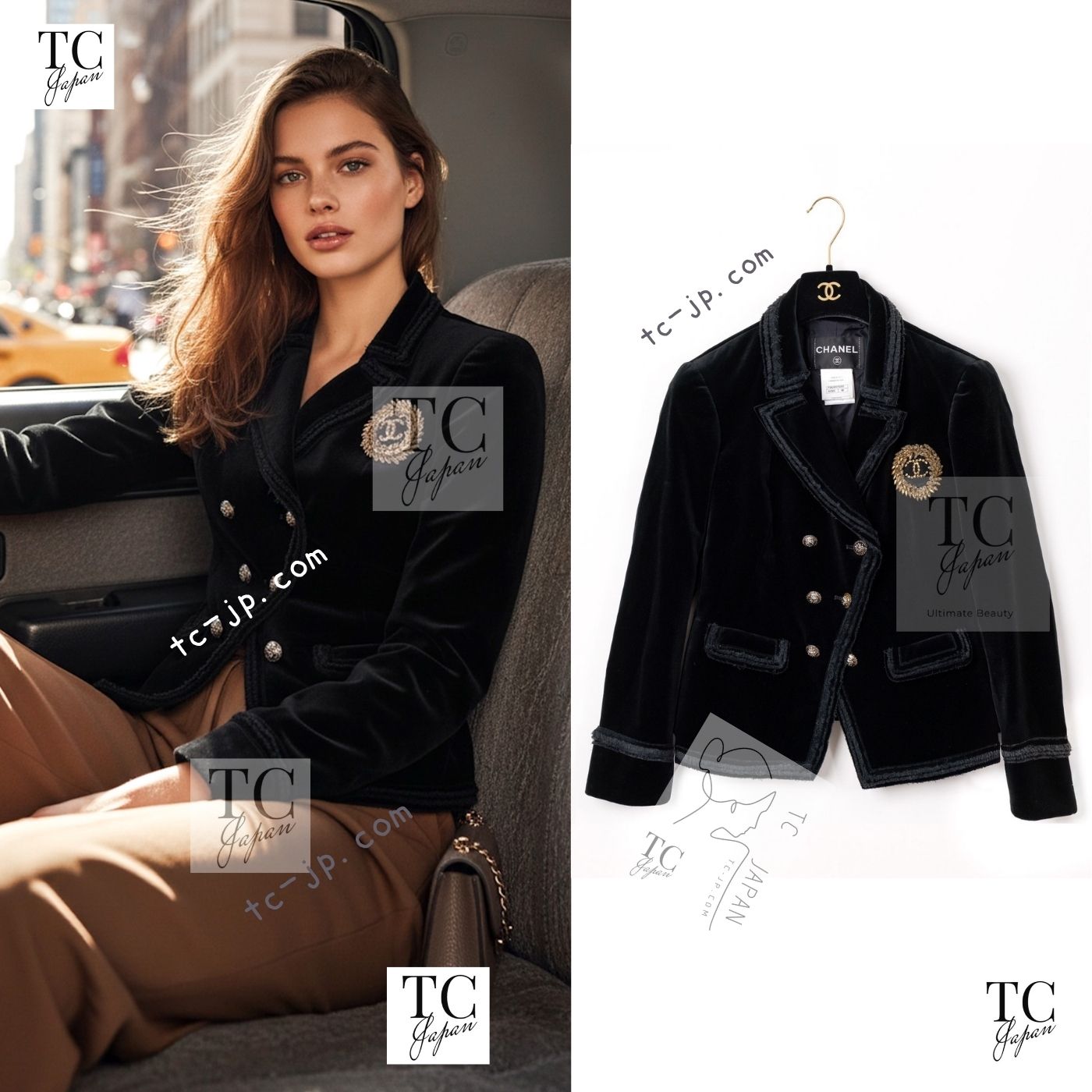 [中古] シャネル ジャケット CHANEL ブラック ゴールド ココマーク ベロア コットン カール・ラガーフェルド CC ロゴ 貴重 超美品 40 42｜TC-Japan 店