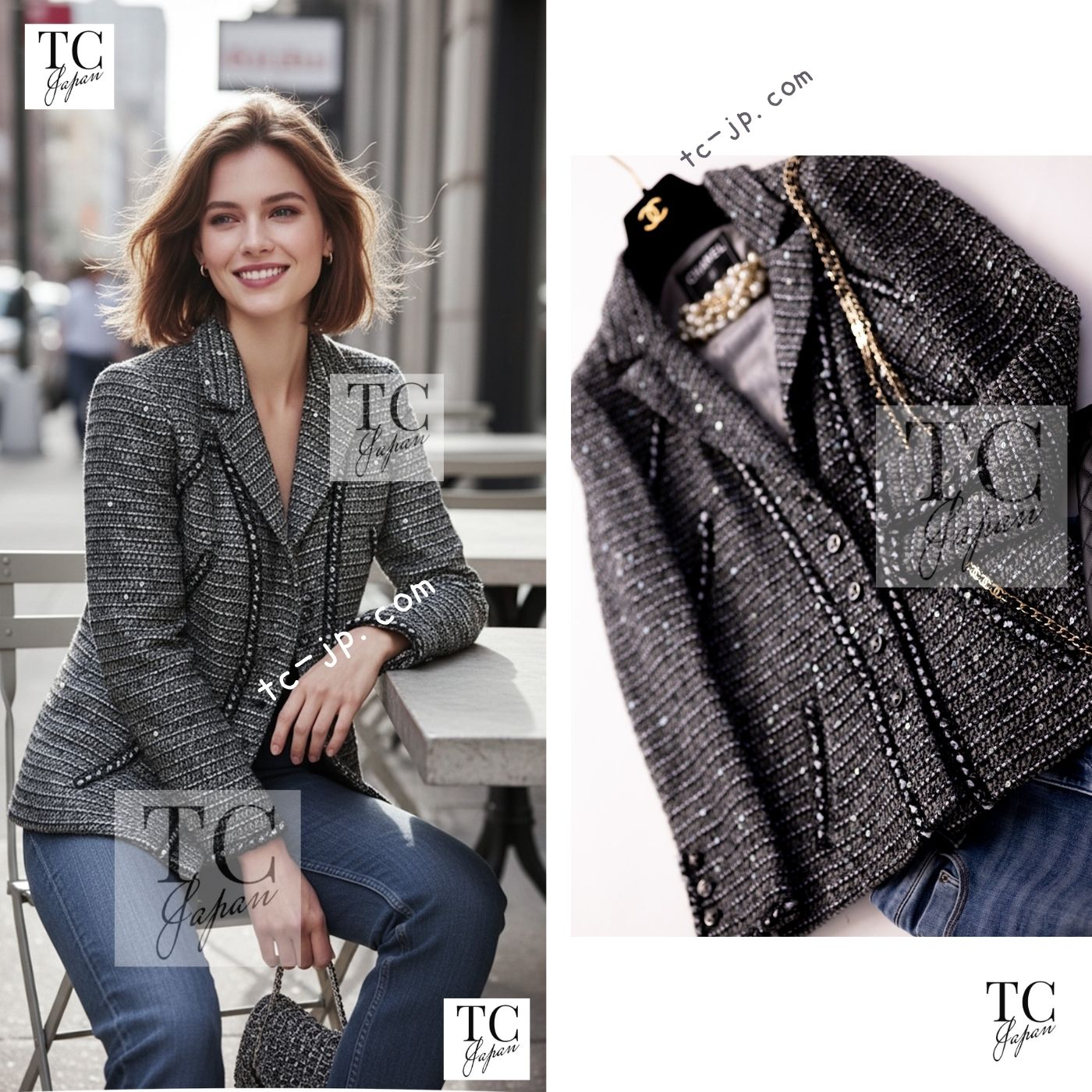 [中古] シャネル 上衣 CHANEL 薄墨色 スパンコール ツィード 107万 長い巻き毛・ラガーフェルド 価値高い 超美品 38