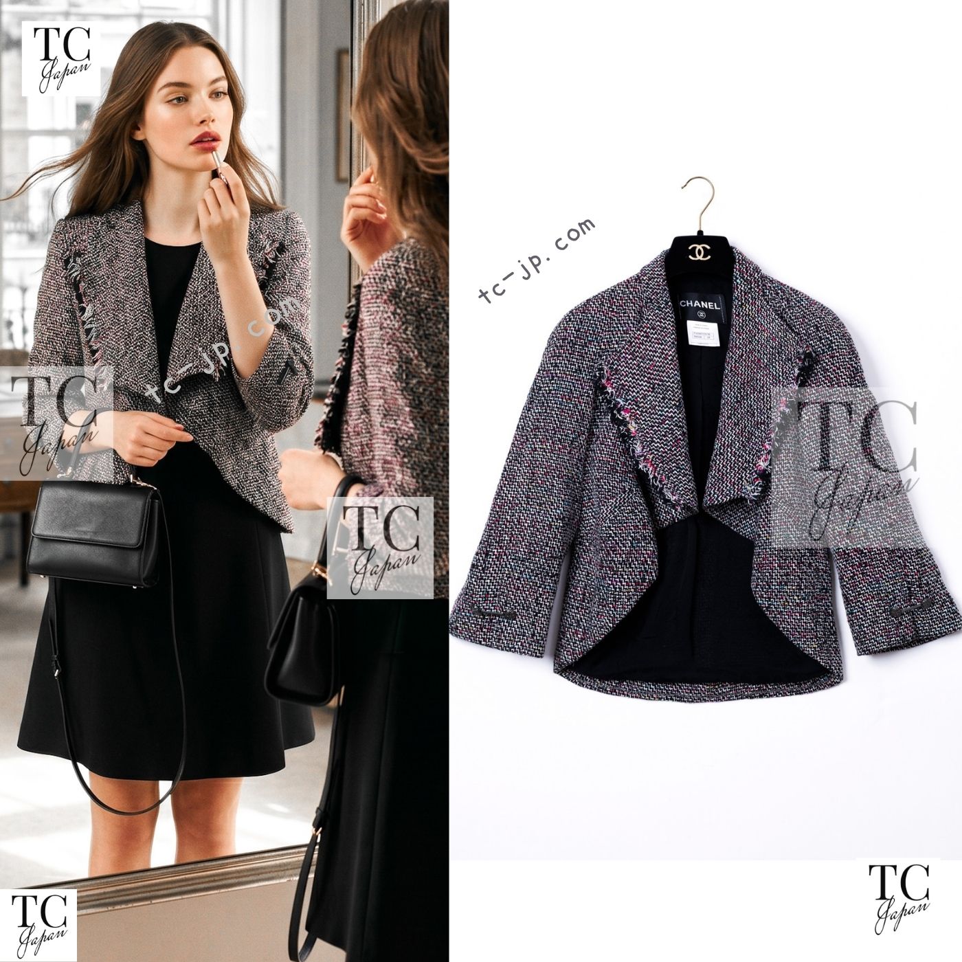 [中古] シャネル 上衣 CHANEL 黒いこと 赤いこと マルチ色つや 綿織物 地絹 ツィード 長い巻き毛・ラガーフェルド 価値高い 超美品 34 36