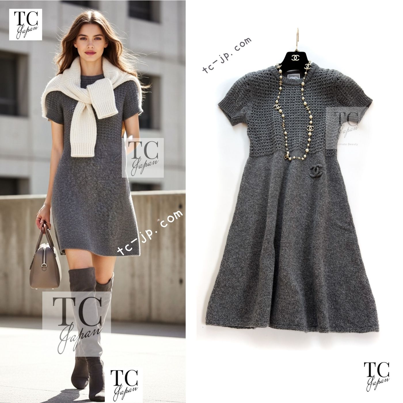[中古] シャネル 衣装 CHANEL 薄墨色 羊毛 カシミヤ CC ロゴタイプ 編み物 長い巻き毛・ラガーフェルド ココマーク 一般受け 定番 34 42