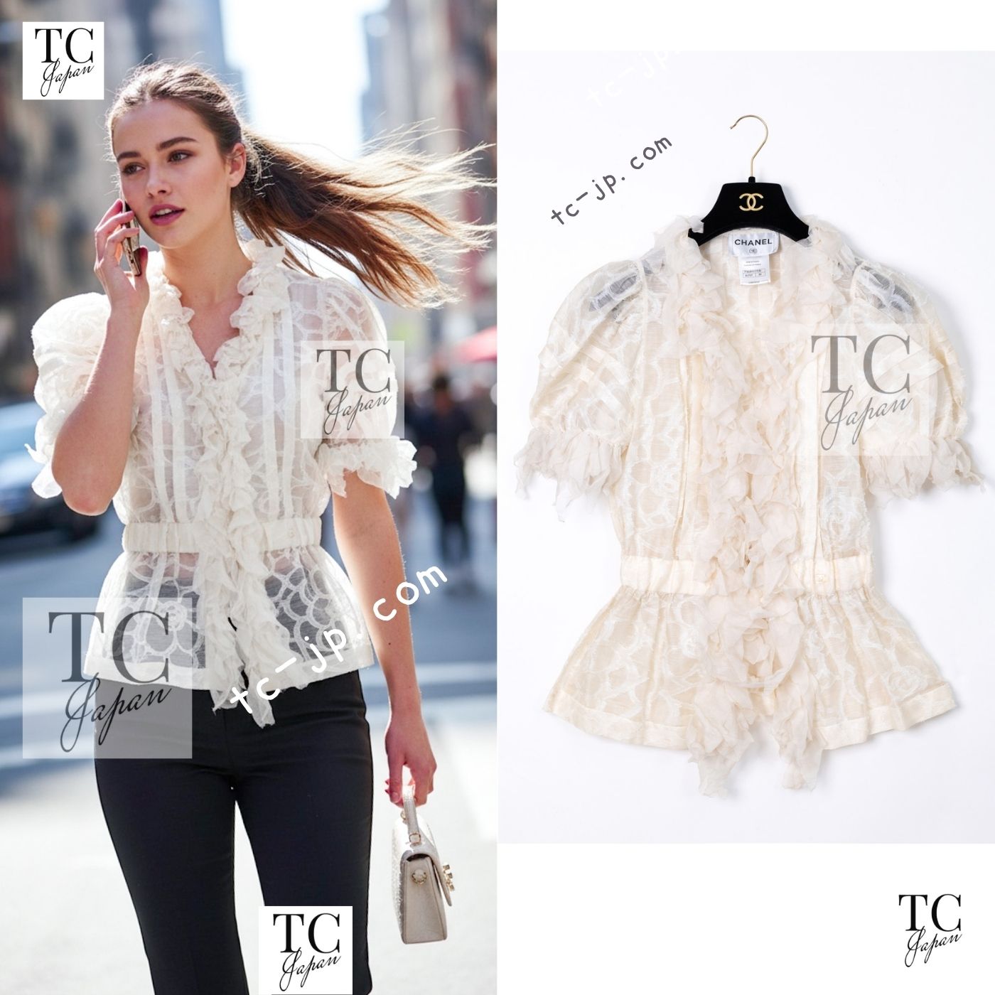 [中古] シャネル ブラウス カーディガン トップス CHANEL ベージュ アイボリー カメリア シルク リネン カール・ラガーフェルド 50万 超美品 34｜TC-Japan 店