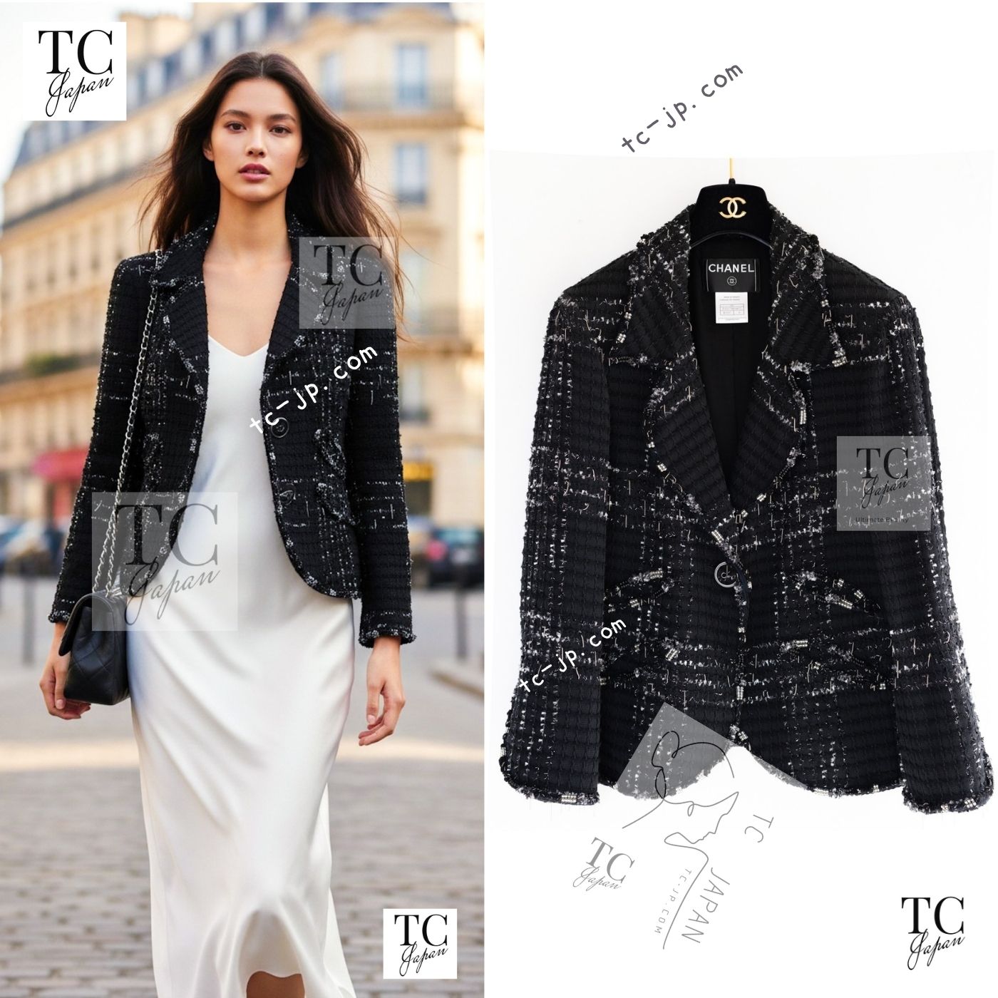 [中古] シャネル ジャケット CHANEL ブラック ビーズ チェーン コットン ウール ツイード 154万 カール・ラガーフェルド 女優着用 超美品 42｜TC-Japan 店 197,450円
