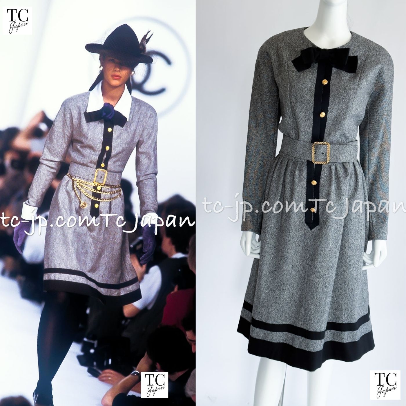 [中古] シャネル ワンピース CHANEL 88A ヴィンテージ グレー リボン ワンピース ベルト付 ランウェイ登場 カール・ラガーフェルド 40｜TC-Japan 店
