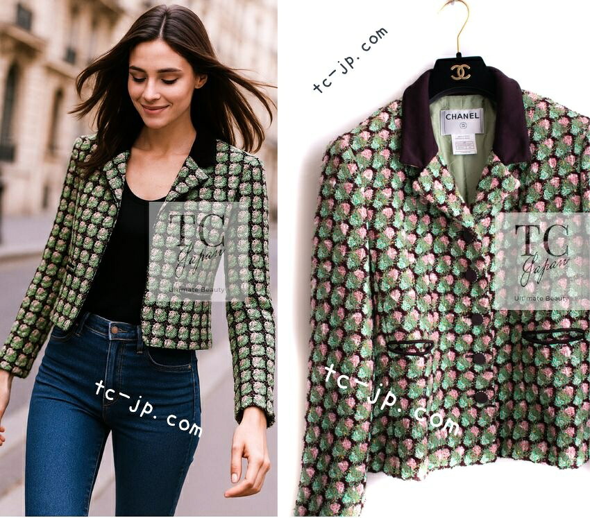 [中古] シャネル ジャケット CHANEL グリーン ピンク フローラル ツイード ココボタン ヴィンテージ カール・ラガーフェルド 希少サイズ 貴重 46｜TC-Japan 店