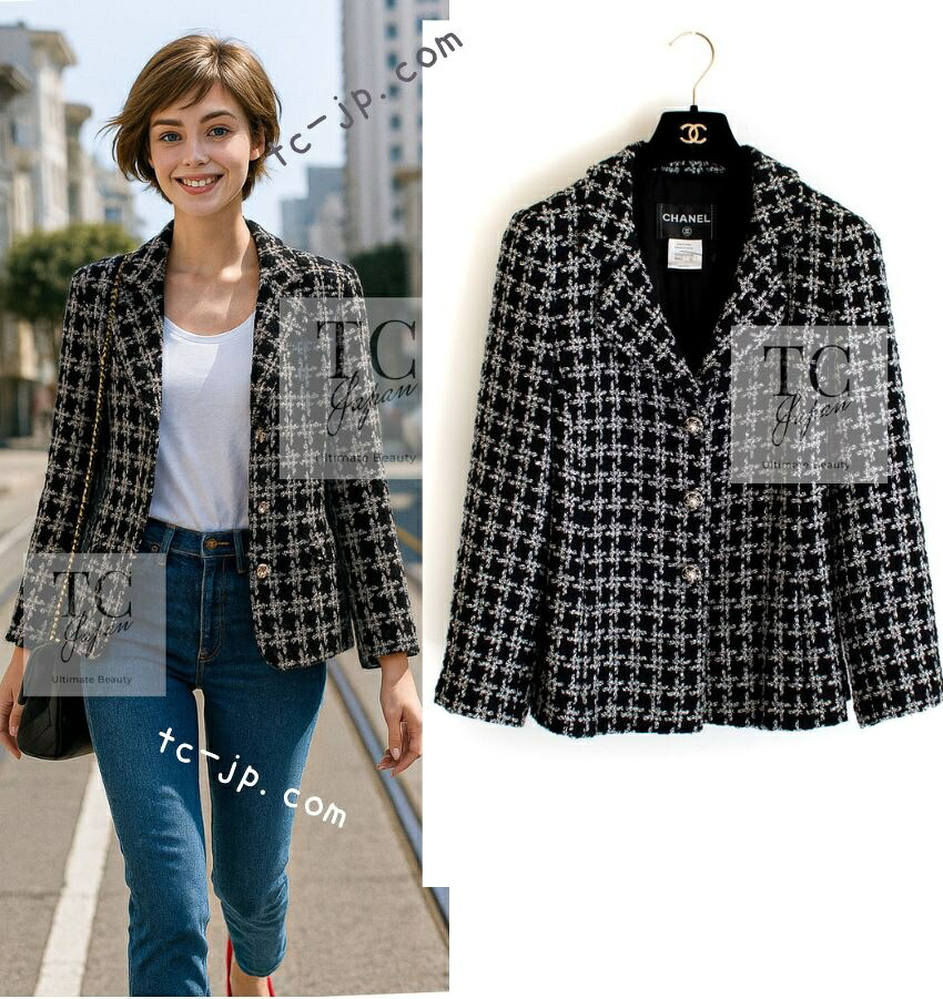 [中古] シャネル ジャケット CHANEL ブラック ホワイト 黒白 CCパール ココボタン シルク 春夏サマー カールラガーフェルド 超美品 38 40｜TC-Japan 店
