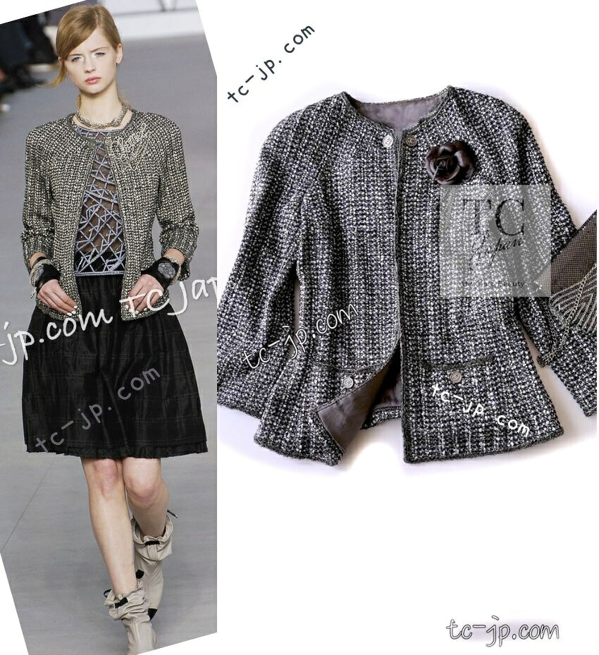 [中古] シャネル ジャケット CHANEL グレー シルバー メタリック トリム 襟なし カールラガーフェルド サマー 春夏 ツイード カーディガン 34｜TC-Japan 店