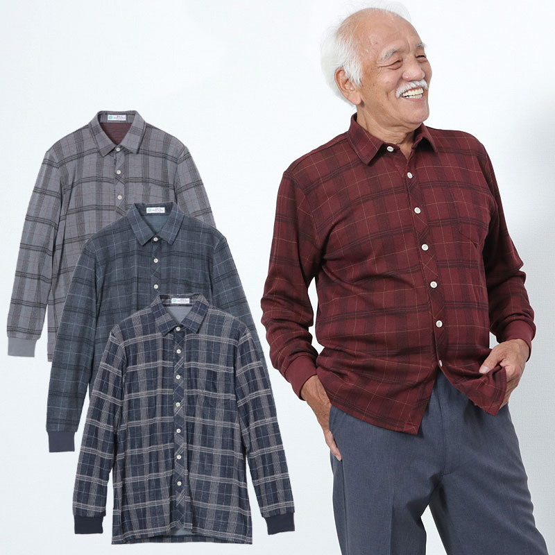 楽天市場 シニアファッション メンズ 80代 70代 60代 90代 秋冬 毛混ダブルジャカード チェック柄 スナップボタン 長袖ニットシャツ おじいちゃん 服 プレゼント 紳士服 男性 祖父 高齢者 お年寄り 老人 ギフト 実用的 ココわく シニアファッション
