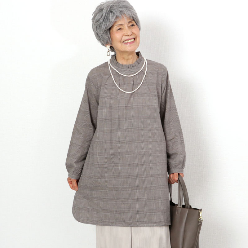 楽天市場 シニアファッション レディース 80代 70代 60代 90代 秋冬 グレンチェック柄 フリル襟 長袖チュニック おばあちゃん 服 プレゼント 婦人服 女性 ミセス 祖母 お年寄り 老人 高齢者 ｔｃマート シニアファッション
