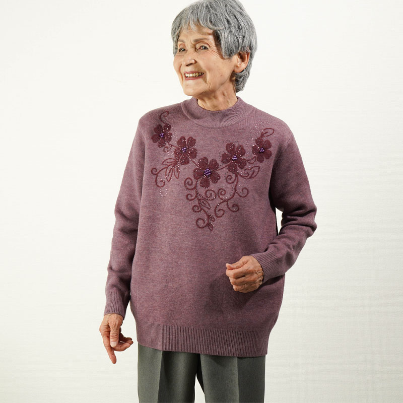 楽天市場 シニアファッション レディース 80代 70代 60代 90代 秋冬 花柄ラインストーン付き裏ボアニットセーターおばあちゃん 服 プレゼント 婦人服 女性 ミセス 祖母 お年寄り 老人 高齢者 ギフト 実用的 ココわく シニアファッション