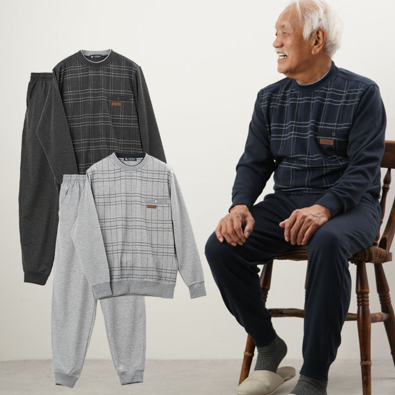 通信販売 シニアファッション メンズ 80代 70代 60代 90代 春夏 チェック柄スウェット 丸首トレーナー裾リブパンツの上下セット おじいちゃん 服 紳士服 男性 祖父 お年寄り 老人 高齢者 父の日 プレゼント 実用的 部屋着 Toyama Nozai Co Jp