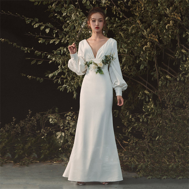 即納　ホワイト ウェディングドレス　Aライン　長袖　マキシ丈　ロングドレス ウェディングドレス ファスナータイプ　xs～xl　Wedding Dress　お花嫁　結婚式　旅行撮影演出　レディースウェディングドレス　エレガント　パーティードレス