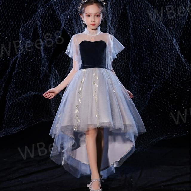 子供 ドレス ロング バイカラー 大人っぽい フィッシュテール おしゃれ 高級感 キッズドレス ピアノ 発表会 女の子 ドレス 結婚式 誕生日 フォーマル 可愛い レース 半袖 刺繍 五分袖 フリル スタンドカラー ビジュー スパンコール シフォン フレア 黒 グレー 個性的 チュー｜KANICHI店