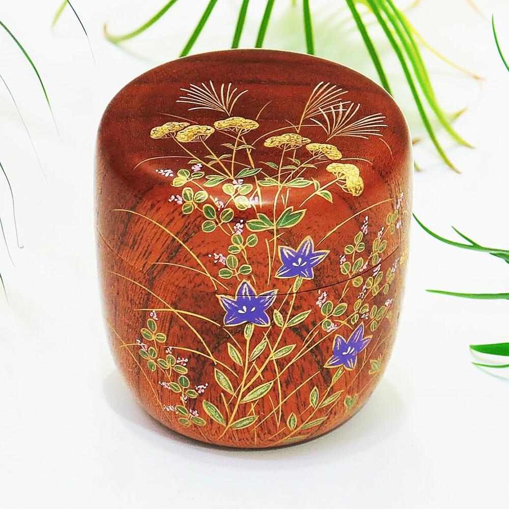 【未使用品】茶道具 中次 秋草蒔絵 秋峰作 茶道具 秋草蒔絵 中次 茶器 景斎 共箱 輪島塗 漆芸 薄茶器 秋