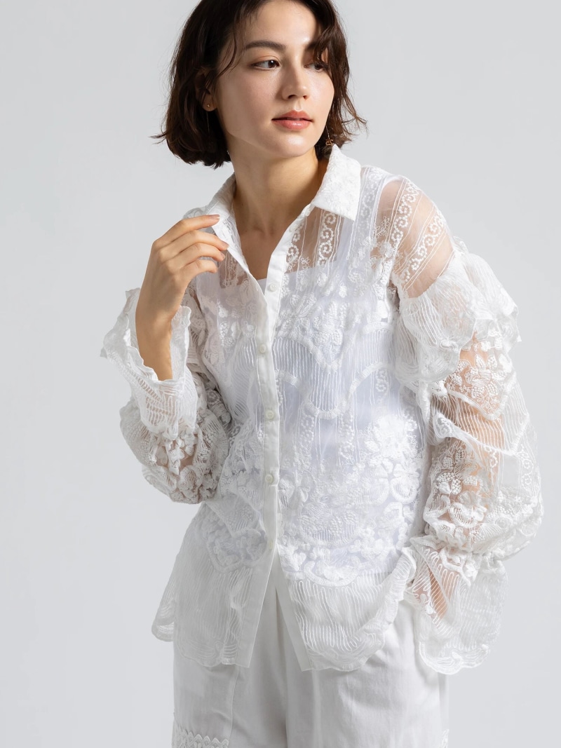 【Atelier ChouChou】オーガンジーレースフリルシャツブラウス Te chichi テチチ トップス シャツ・ブラウス ホワイト【送料無料】[ Fashion]