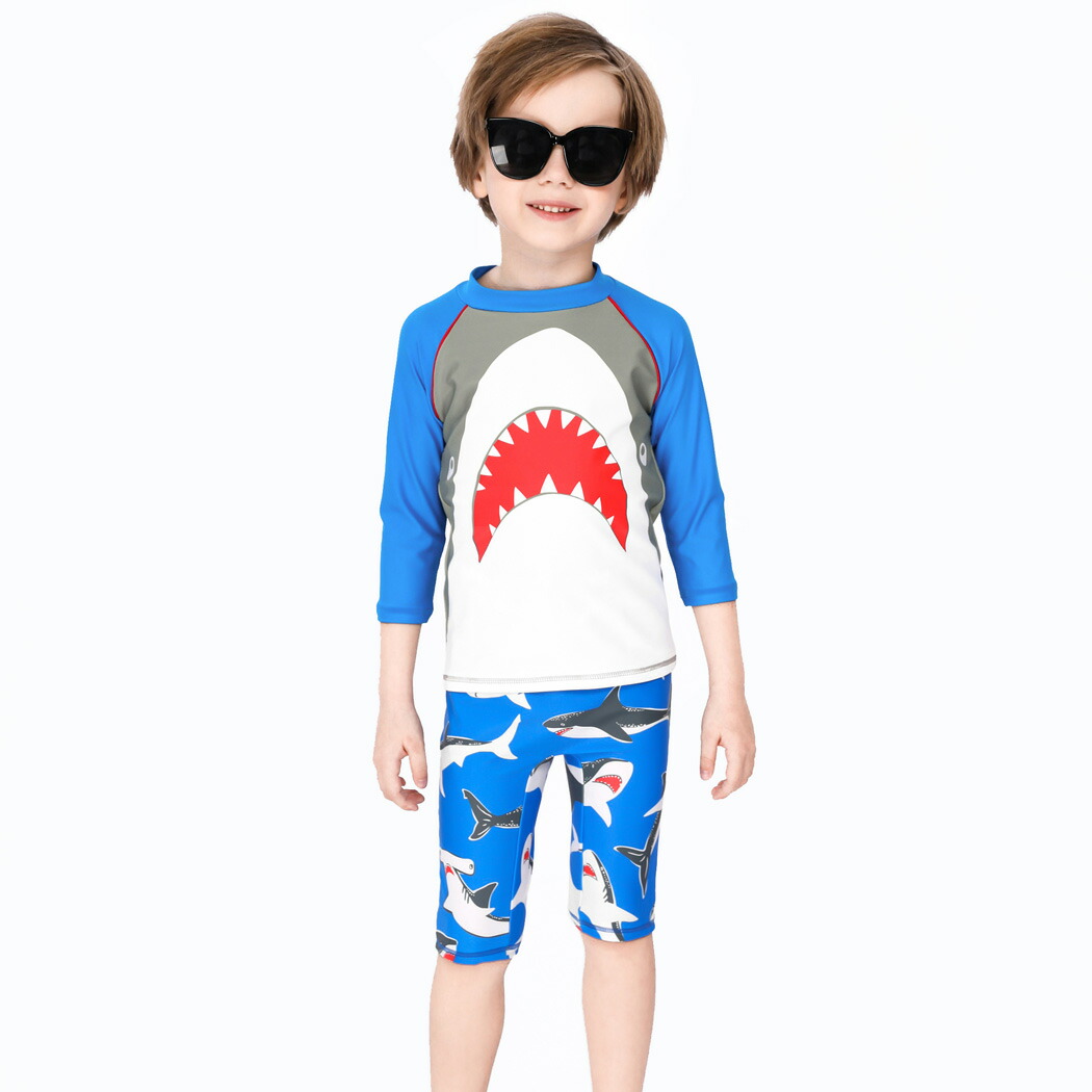 キッズ 水着 男の子 セパレート 上下 7分袖 トップス ショートパンツ キャップ 3点セット セットアップ 80cm 90cm 100cm 110cm 120cm 130cm 紫外線対策 夏 海 プール ビーチ スイミング スクール ベビー 小学生 無地 シャーク 鮫 総柄 ミックスマッチ ウエスト