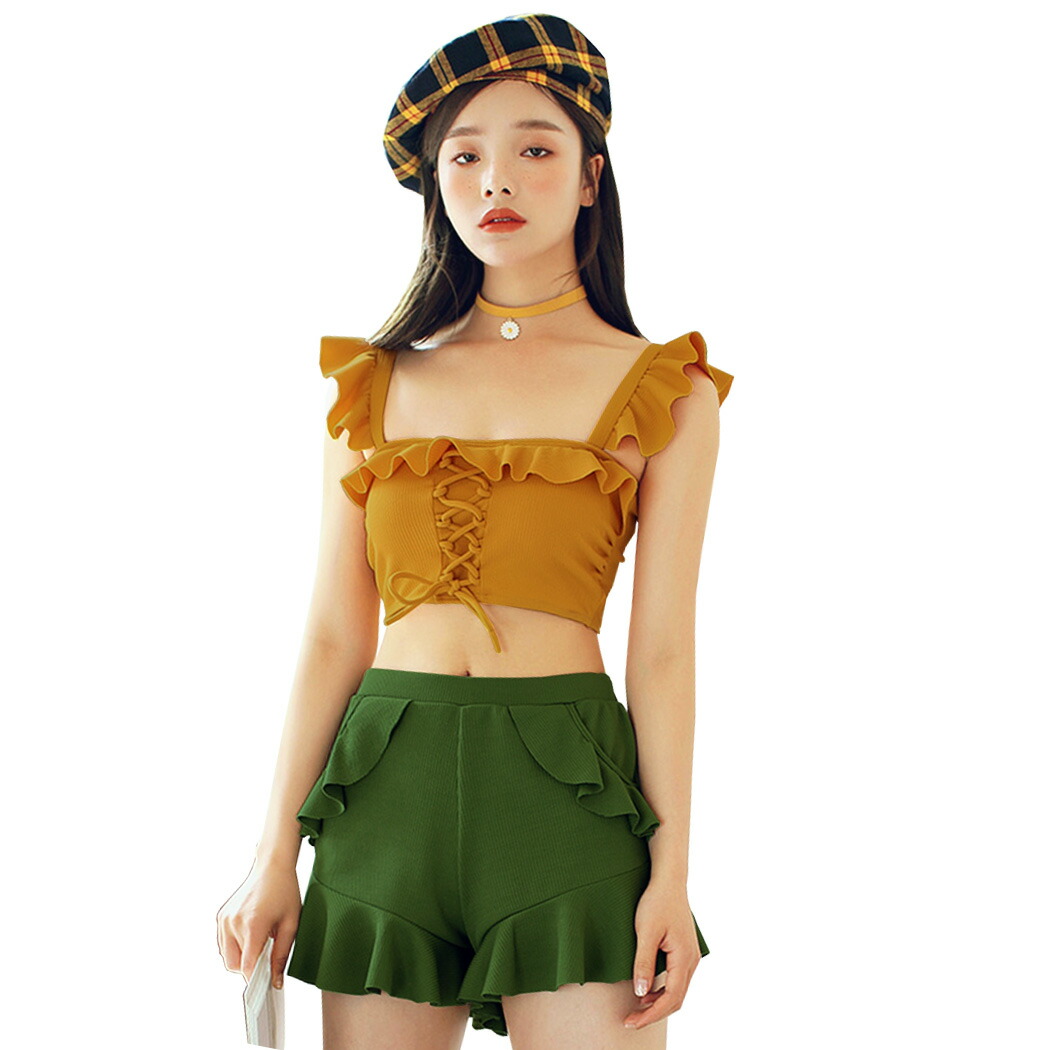楽天市場 水着 ビキニ フリル レディース 体型カバー ショートパンツ 3点セット セパレート オトナ女子 可愛い セクシー シンプル バックシャン レースアップ 無地 ノンワイヤー モールドカップ お尻 太もも カバーアップ 夏 海 プール ビーチ リゾート マスタード