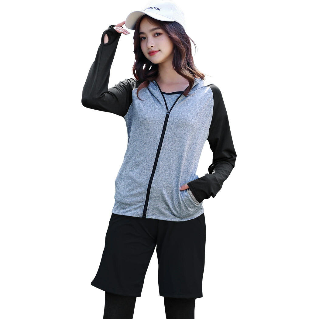 フィットネス水着 レディース 長袖ラッシュガード 体型カバー水着 スポーツブラ レギンス パーカー 5点上下セット オトナ女子 ママ水着 ミセス 30代 お腹 カバーアップ 二の腕 かわいい 太もも 水陸両用 脚 お尻 50代 フィットネスウェア 40代 魅了 露出控えめ