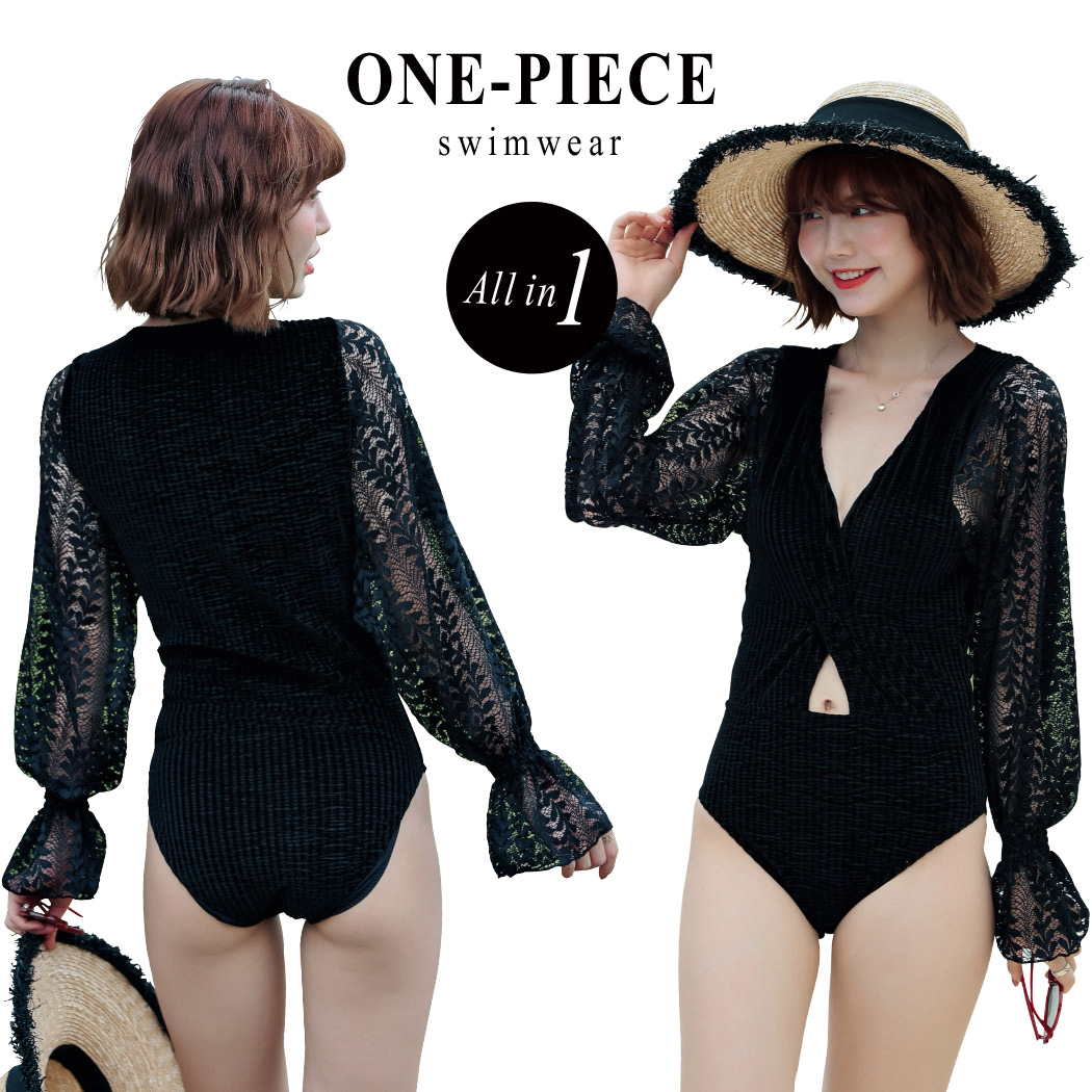 水着 ワンピース レディース 体型カバー オールインワン ベロア レース リブ 長袖 シースルー シンプル カットアウト セクシー 上品 オトナ 女子 黒 ママ水着 Vネック 可愛い お洒落 エレガント ノンワイヤー パッド付 ビーチ プール 海外 二の腕 お腹 カバーアップ