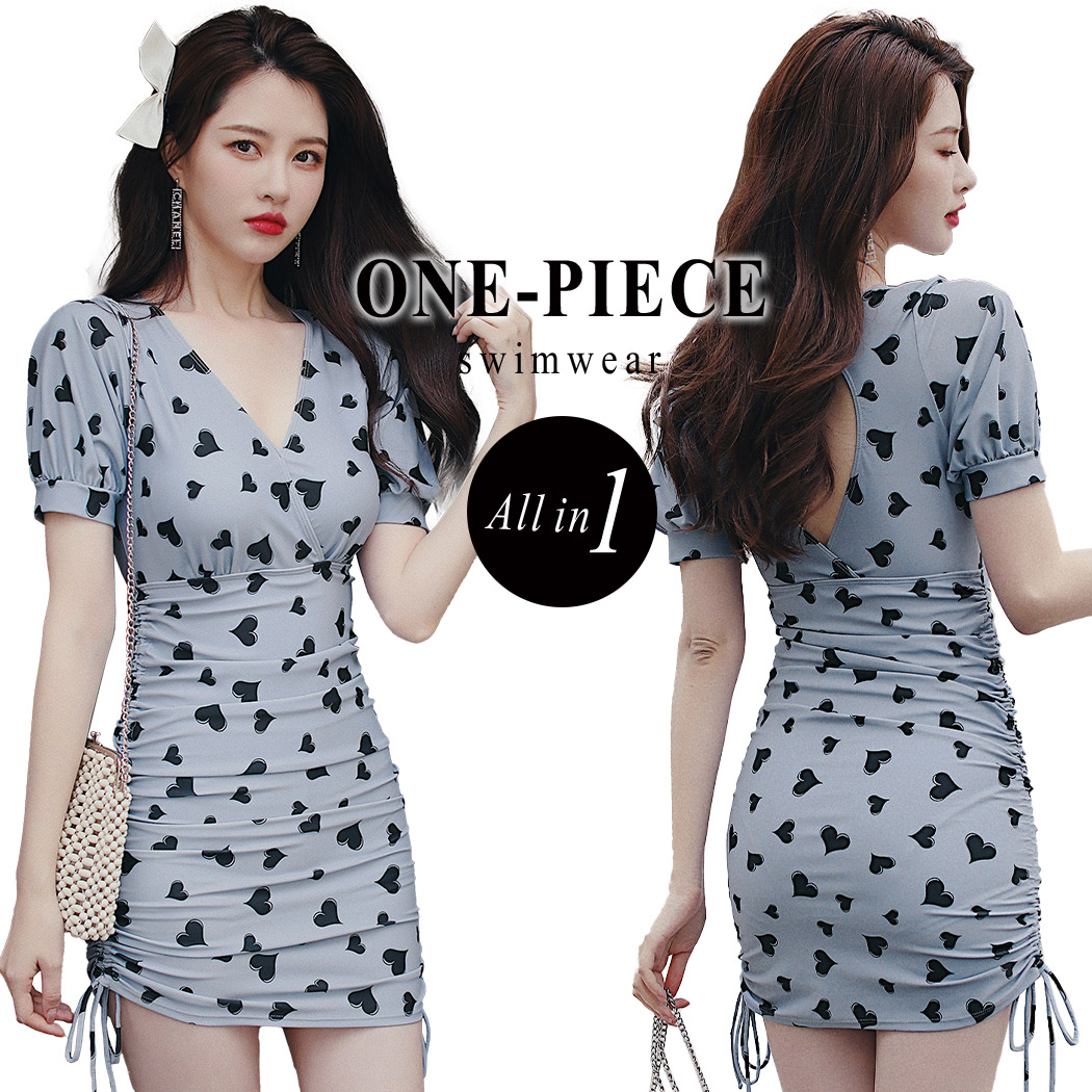 水着 ワンピース 体型カバー レディース きれいめ 高校生 オトナ女子 半袖 露出控えめ 代 30代 40代 おしゃれ かわいい シンプル セクシー カシュクール バックシャン ママ水着 オールインワン ウエストギャザー ハート柄 パッド付き バスト 盛れる ウエスト カバー