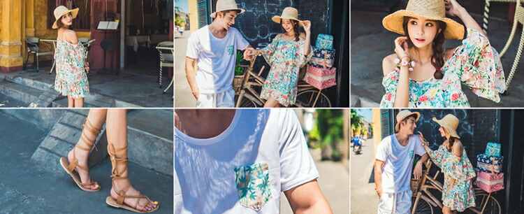 オフショルワンピ カップルコーデ 海 ショーパン 短パン シャイなあの人にも シャツポケット柄がさり気なくお揃い 春夏 ショートパンツ オフショルダー サマーワンピ 白 大人 ペアルック サマードレス お揃い ビーチウェア カップル 服 リゾート ワンピース オフ