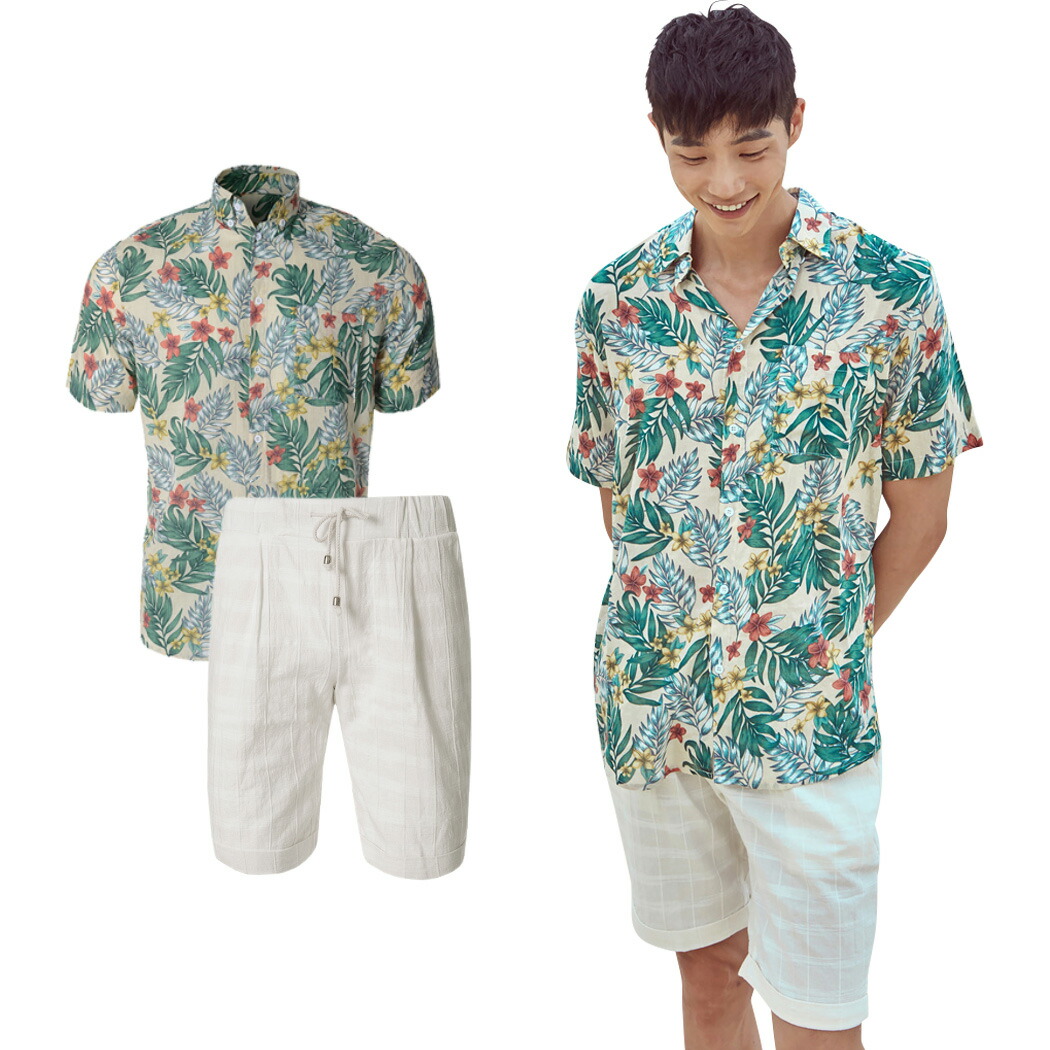 楽天市場 シャツ ハーフパンツ メンズ 2点セット トップス 半袖 ミディアム丈 薄手 ボトムス 5分丈 タンクトップ 4点セット ビーチファッション 体型カバー 韓国 Shebeach シービーチ 正規品 総柄 可愛い お洒落 カジュアル スポーティー エスニック シンプル カバー