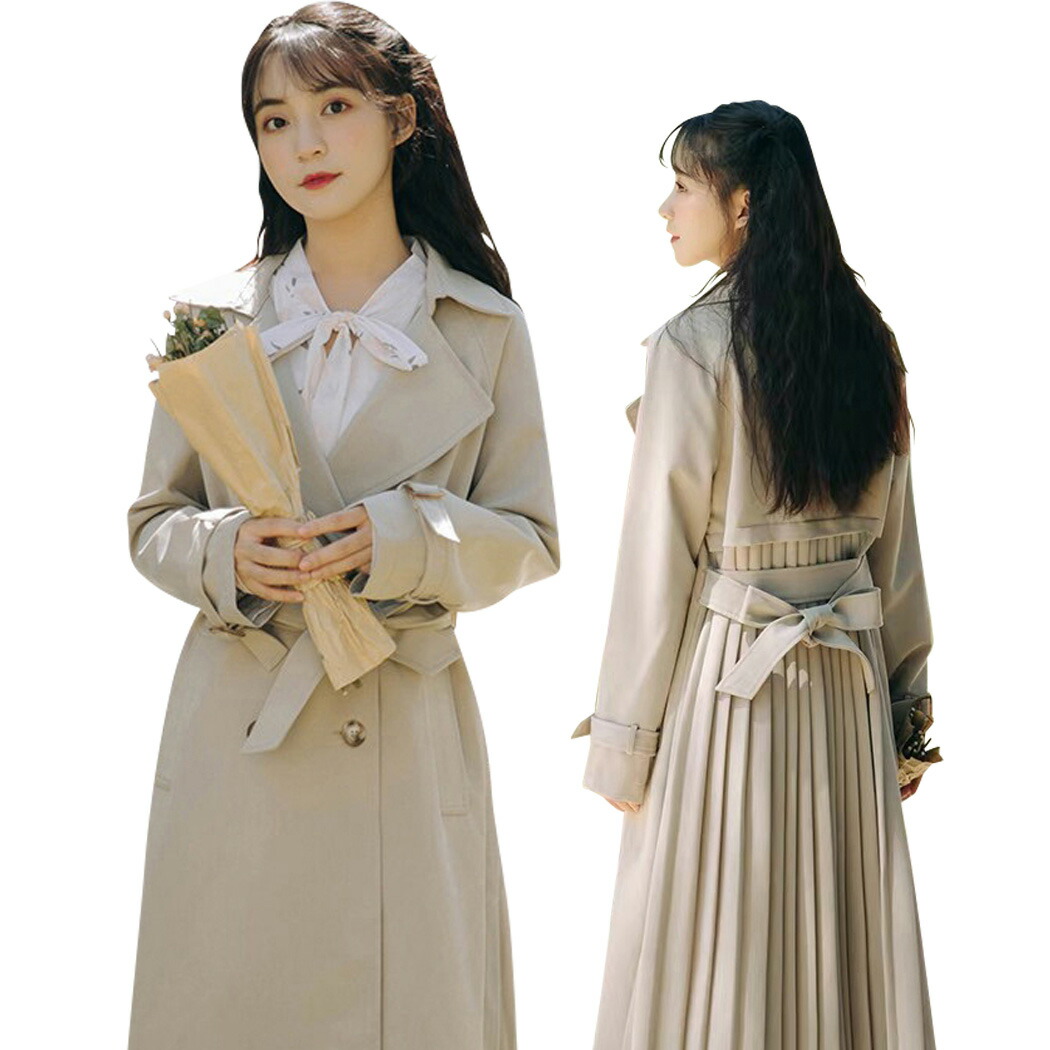 楽天市場 トレンチコート プリーツコート ジャケット アウター トップス レディース 1点 バックシャン バックプリーツ ウエストマーク 中厚手 長袖 ロング丈 あったか 可愛い お洒落 無地 シンプル エレガント モード フォーマル 上品 女性用 大人 ベルト付き ブラック