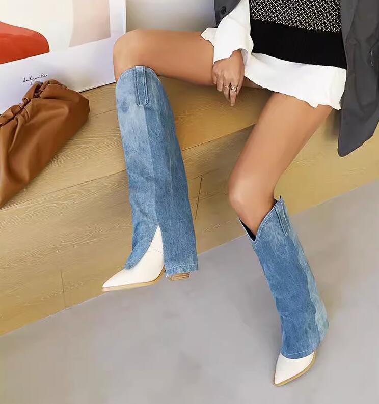 デニムニーハイブーツ デニム ニーハイブーツ 秋冬 膝上 カジュアル 太ヒール (ロングブーツ