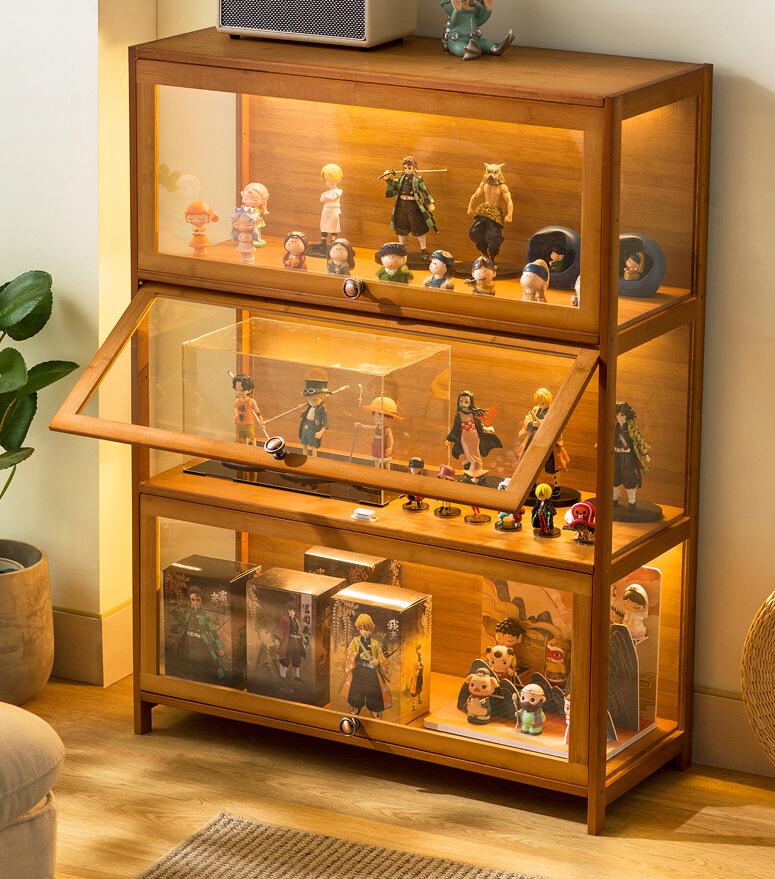 アクリル コレクションケース 上下スライド式扉 竹製 4層/5層 大型 ロータイプ フィギュアコレクション棚 収納 完全密封 大容量 透明 フレーム 耐荷重抜群 透明展示ケース 組み立て式 転倒防止 ディスプレイ
