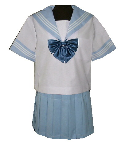 SH27衿・折り返し水色白３本線：白胸当夏半袖セーラー服新御出座し