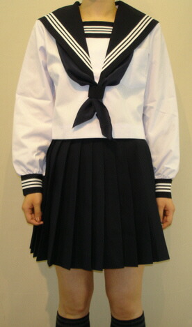 SN24衿・折り返し・胸当紺色白３幹線夏長袖セーラー服