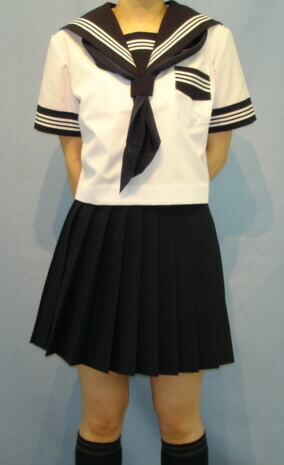 SH64衿・袖折り返し・P・胸当紺色・白3幹線夏半袖セーラー服：