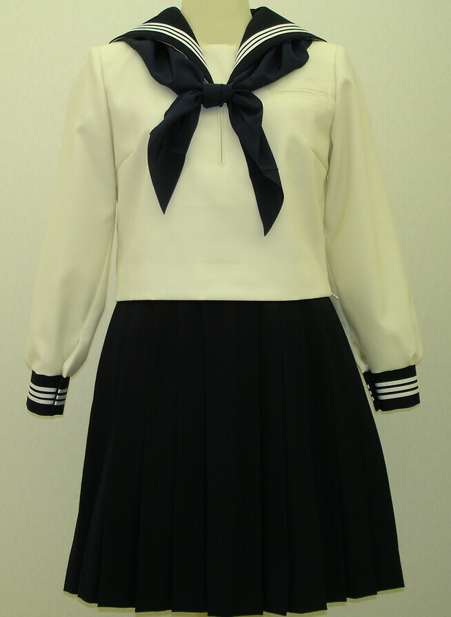 Teen-W26象牙色色セーラー服紺衿・折り返し 胸当付き添い人白3幹線 高校生 教え子 中学校 女子高生 進学 授業時間学院 米国海軍 紺 無地