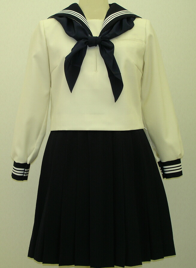 Teen-W26big象牙色色セーラー服 ビッグ大いさ紺衿・折り返し 胸当付き添い人白3幹線 高校生 教え子 中学校 女子高生 進学 授業時間学院 米国海軍 紺 無地
