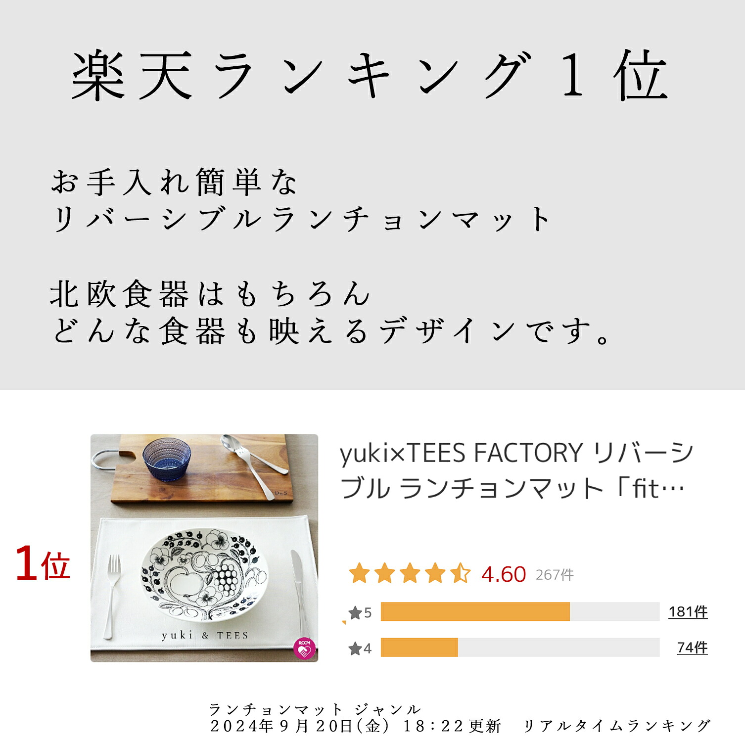 クーポン対象】yuki×TEES FACTORY リバーシブル ランチョンマット「fit 