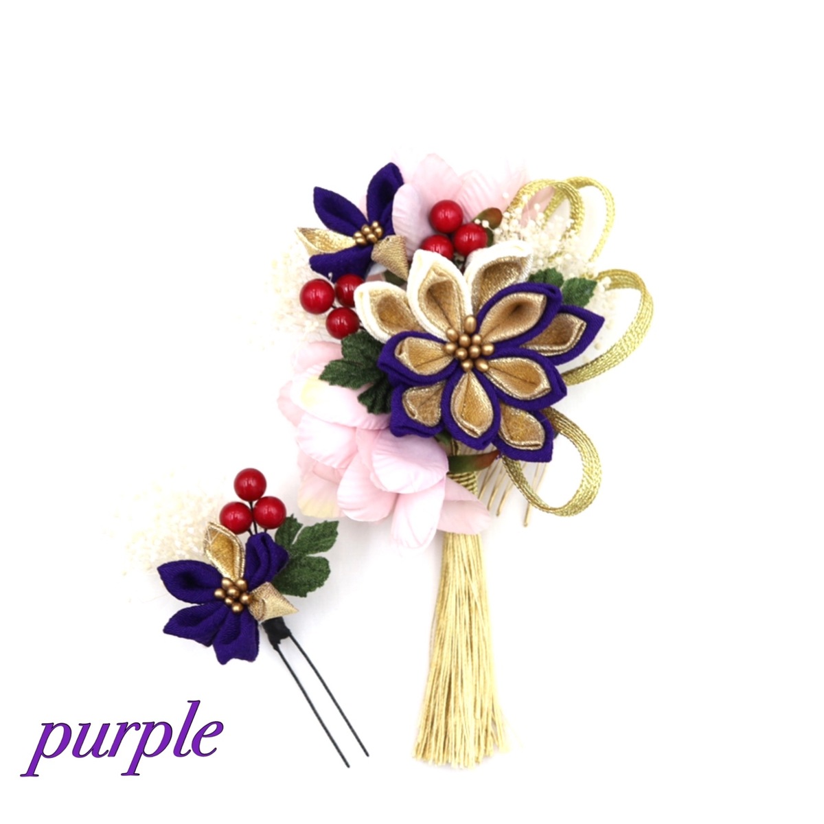 送料無料 髪飾り つまみ細工 結婚式 卒園式 成人式 2点セット ドライフラワー 赤 卒業式 浴衣