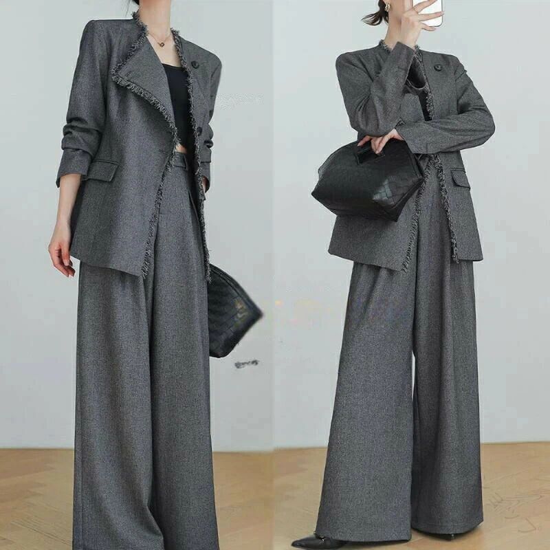 春秋 秋冬 レディース セットアップ パンツスーツ 上下セット 長袖 ジャケット ワイド パンツ 2点セット おしゃれ カジュアル ゆったり
