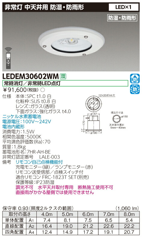 楽天市場】LEDEM13602WM (LEDEM13602WM) 埋込防湿防雨形低天ＬＥＤ非常